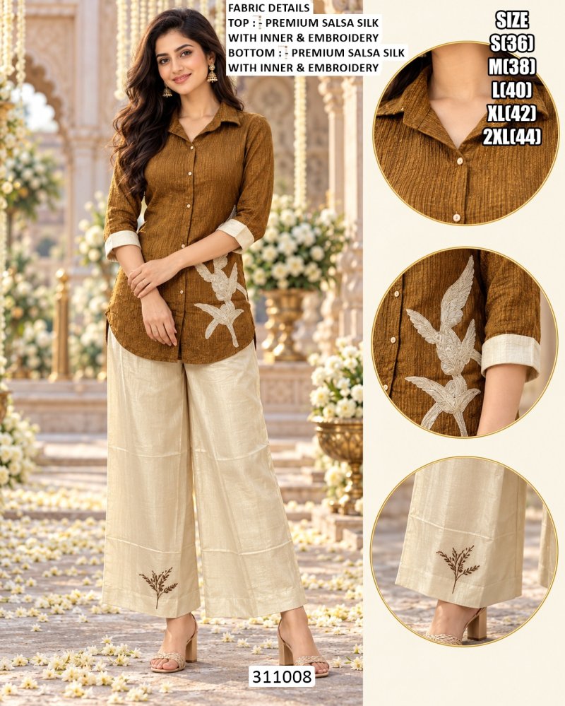 Brown Beige Color Salsa Silk Embroidery Co Ord Set ER 311008